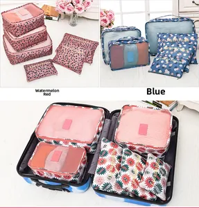 Detail of 6-piece travel organizer set with mesh panels in leopard and polka dot prints