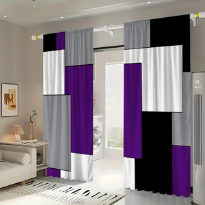 Detail view of modern geometric patchwork curtains with purple and grey blackout fabric