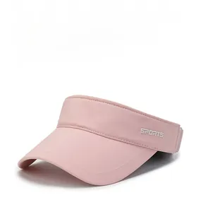Detailed side view of pink sports sun visor with a wide brim and white sports text