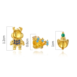 Detail view of gold-plated animal studs with multi-color zircon stones and height measurements