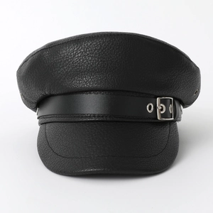 Front view of black leather newsboy cap with litchi texture and silver buckle