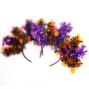 Three-pack Halloween headbands with purple and orange pumpkin and bat sequin decorations