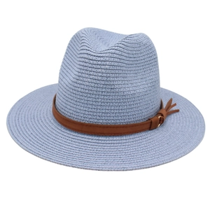 Classic straw Fedora hat in hazy blue with a brown leather decorative belt and metal buckle