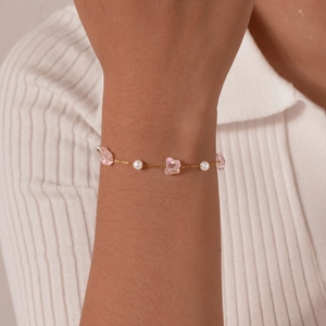 Kids gold stainless steel chain bracelet with pink butterfly beads and white pearls
