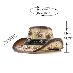 Western straw cowboy hat with turquoise beads and size dimensions: 56-58cm brim 7cm height 12cm