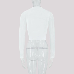 Back view of a white cropped long-sleeve top with a slim fit and crew neck design