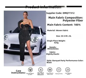 Detail of elegant black strapless evening dress with rhinestones and side slit