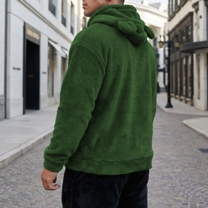 Back view of forest green hooded fleece jacket featuring cute animal ears on the hood