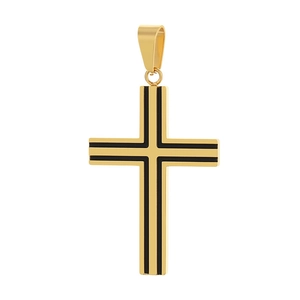 Pendentif croix minimaliste en acier inoxydable doré avec détails de lignes noires