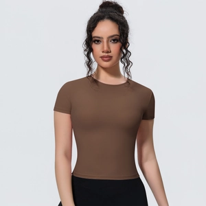 Front view of slim fit brown yoga T-shirt with crew neck and smooth athletic fabric