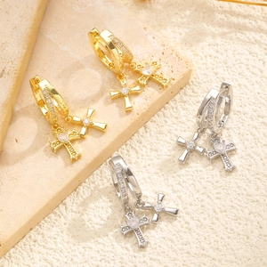 Irregular tassel hoop earrings with zircon crosses and studs in gold and silver