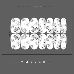 Self-adhesive nail art stickers featuring black and white floral patterns and 14 pieces
