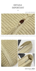 Close-up of woven straw tote bag featuring wooden beads, tassels, and inner zipper detail