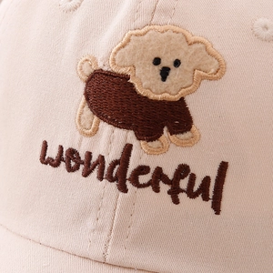 Beige cotton kids baseball cap featuring a 3D embroidered cartoon puppy and wonderful text