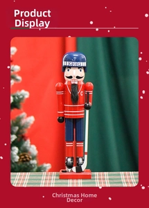 Detail of hockey player nutcracker ornament showing the ice skate and wooden stick