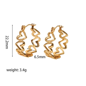 Titanium steel heart-shaped gold hoop earrings with hollow design details and dimensions