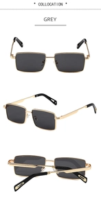Three-way view of retro square sunglasses featuring grey lenses and gold metal frames