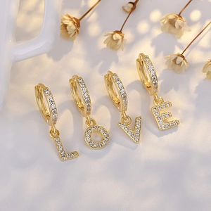 14K Gold Plated Copper Hoop Earrings 925 Sterling Silver Earring Post Micro Pave Cubic Zirconia Alphabet Initial Pendant