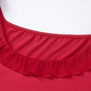Detail shot of the ruffled mesh neckline and premium knit fabric on this red dress