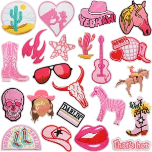 22-piece pink western cowboy embroidery patches with cactus boots and hat designs