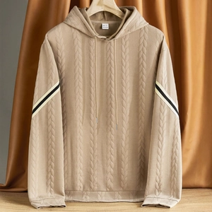 Men's lightweight hooded sweatshirt in beige with textured knit and striped cuffs