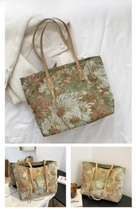 Detail view of khaki large capacity jacquard tote bag with vintage floral patterns