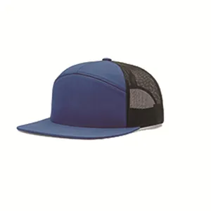 Customizable blue and black 7-panel mesh trucker hat with breathable flat brim style