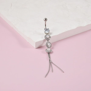 Silver stainless steel belly ring with zircon accents, pearls, and long chain tassels