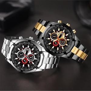 Close-up of two men's luxury metal watches with multi-functional chronograph dials and calendar