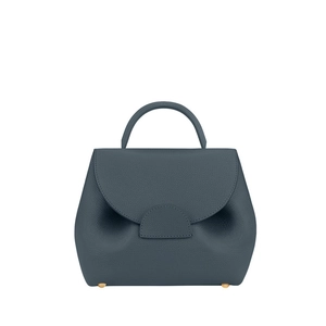 Navy blue lychee grain leather handbag with minimalist top handle and metal feet