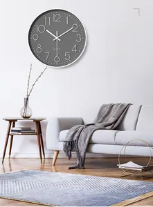 Detailed view of grey dial 30cm quartz wall clock in minimalist modern living room