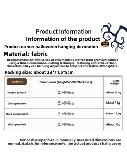 Detailed sizing specifications for fabric Halloween pumpkin, ghost, and witch pendants