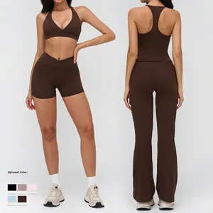 Brown high-stretch yoga set with stand collar zipper jacket and flared gym leggings