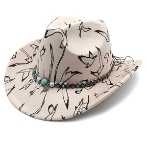 Classic Western beige wool fedora with black bird print and turquoise beaded band