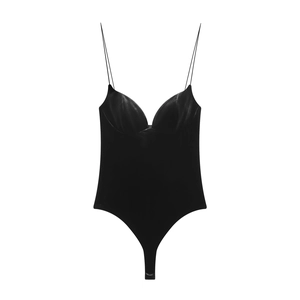 Women's black velvet bodysuit featuring a slim fit design and delicate spaghetti straps