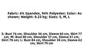 Size chart for women's long sleeve low-cut mini dress showing detailed fabric and dimensions