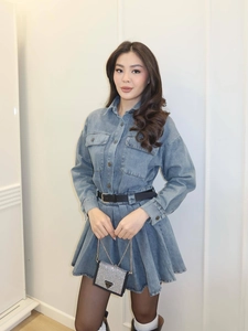 Long Sleeve Cotton Denim Mini Dress Turn Down Collar Button Up Pleated Hem With Belt Slim Fit Casual Fashion