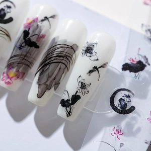 Ink lotus and dragonfly 3D nail art stickers with elegant minimalist floral designs