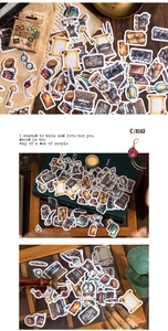 Macro detail of vintage aesthetic stickers with antique typewriter and camera motifs