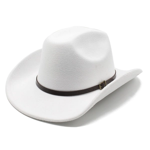 Detail of white wool felt cowboy hat with brown leather strap and gold metal buckle