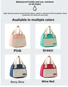 Collage of insulated lunch bags in pink, green, navy, and wine red with foil lining