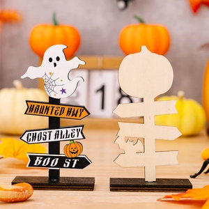 Detailed comparison of painted and unfinished Halloween wooden ghost and pumpkin signs