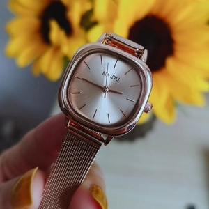 Rose gold square quartz watch with mesh strap and minimalist dial for women