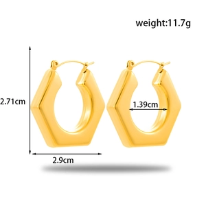 Polished gold geometric hexagonal hoop earrings in stainless steel with dimensions