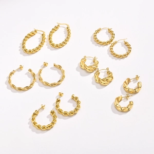 Set of six gold twisted hoop earrings in various sizes for women with a vintage aesthetic