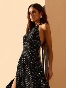 Polka dot halter neck long dress with backless design and high side slit for summer beach