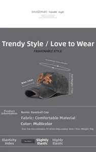 Detail of grey washed cotton baseball cap showing orange M embroidery and dimensions