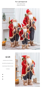 Close-up of Santa Claus ornaments with plaid textures, gift bags, and soft faux fur details
