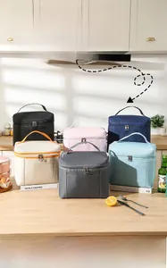 Detailed view of insulated lunch bags in six colors with waterproof fabric and top handles