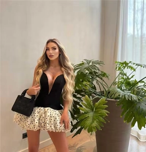 Detail of the deep V-neck sleeveless top and polka dot puffy skirt on a mini dress